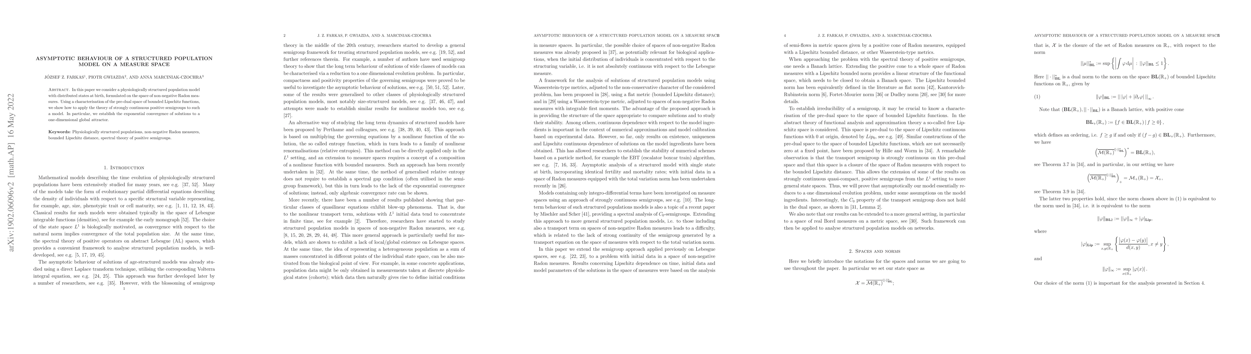 Thumbnail for Asymptotic behaviour of a structured population model on a space of
  measures