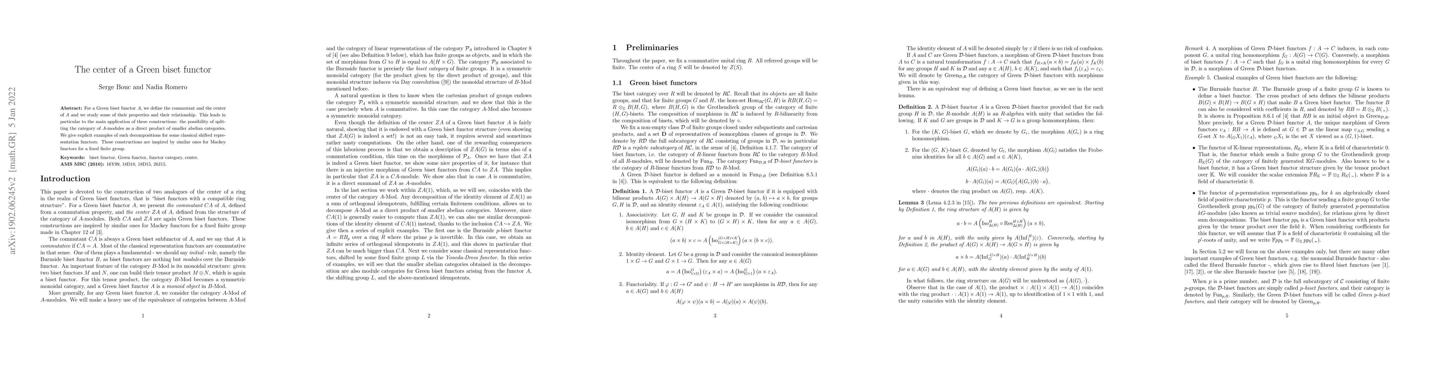 Thumbnail for The center of a Green biset functor
