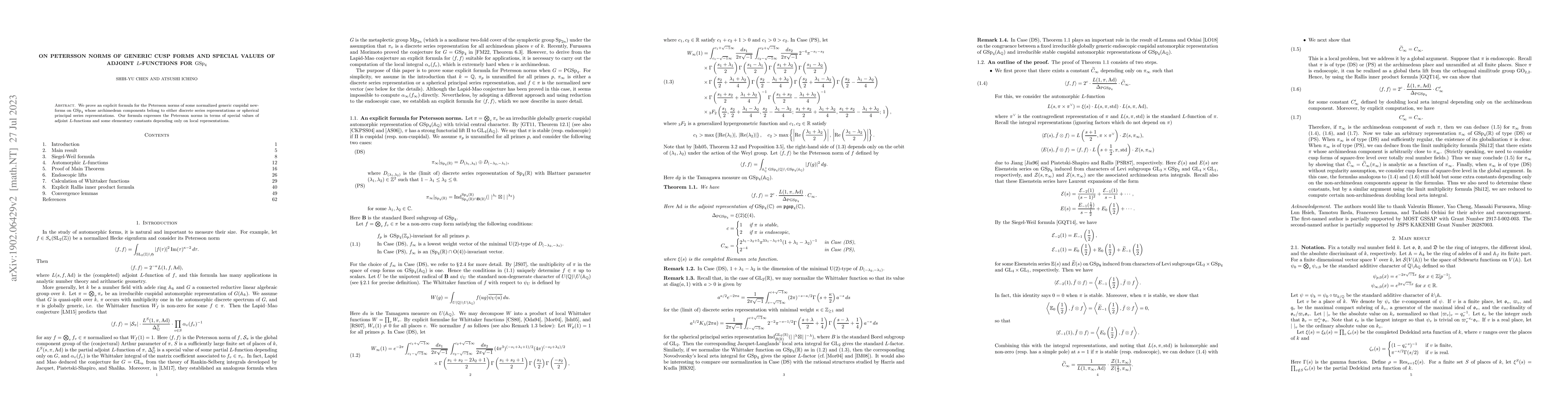 Thumbnail for On Petersson norms of generic cusp forms and special values of adjoint
  $L$-functions for ${\rm GSp}_4$