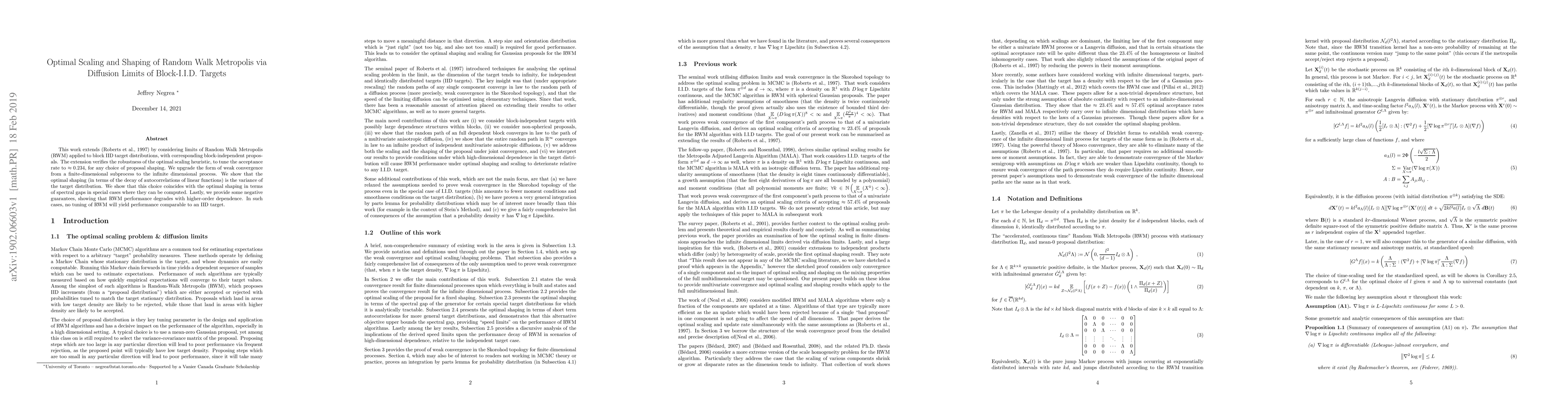Thumbnail for Optimal Scaling and Shaping of Random Walk Metropolis via Diffusion
  Limits of Block-I.I.D. Targets
