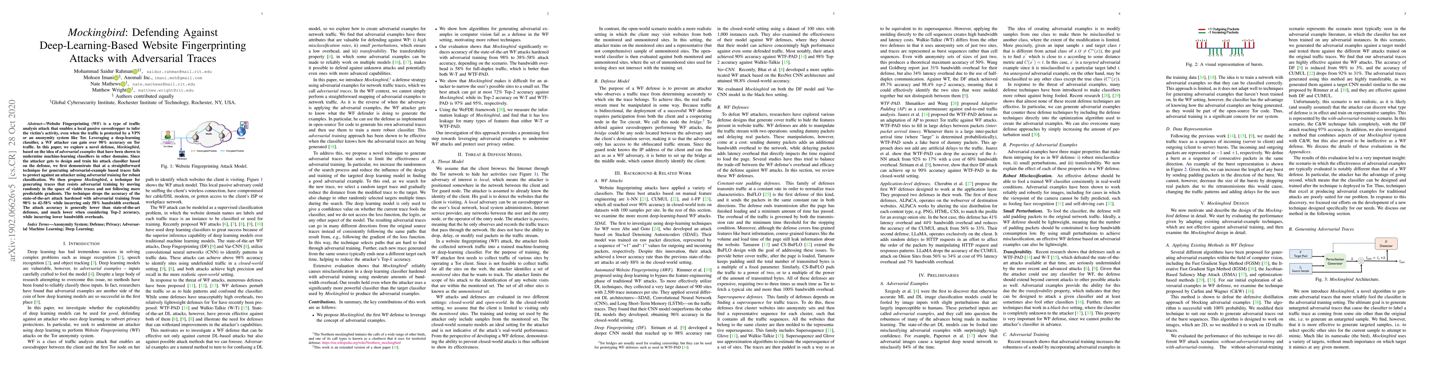 Thumbnail for Mockingbird: Defending Against Deep-Learning-Based Website
  Fingerprinting Attacks with Adversarial Traces