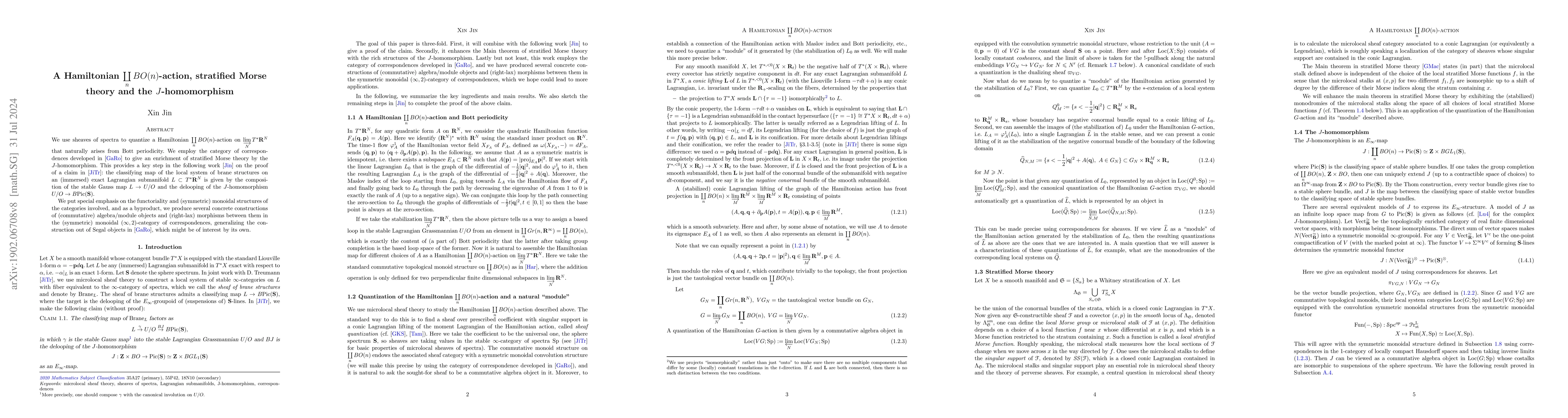 Thumbnail for A Hamiltonian $\coprod\limits_n BO(n)$-action, stratified Morse theory
  and the $J$-homomorphism