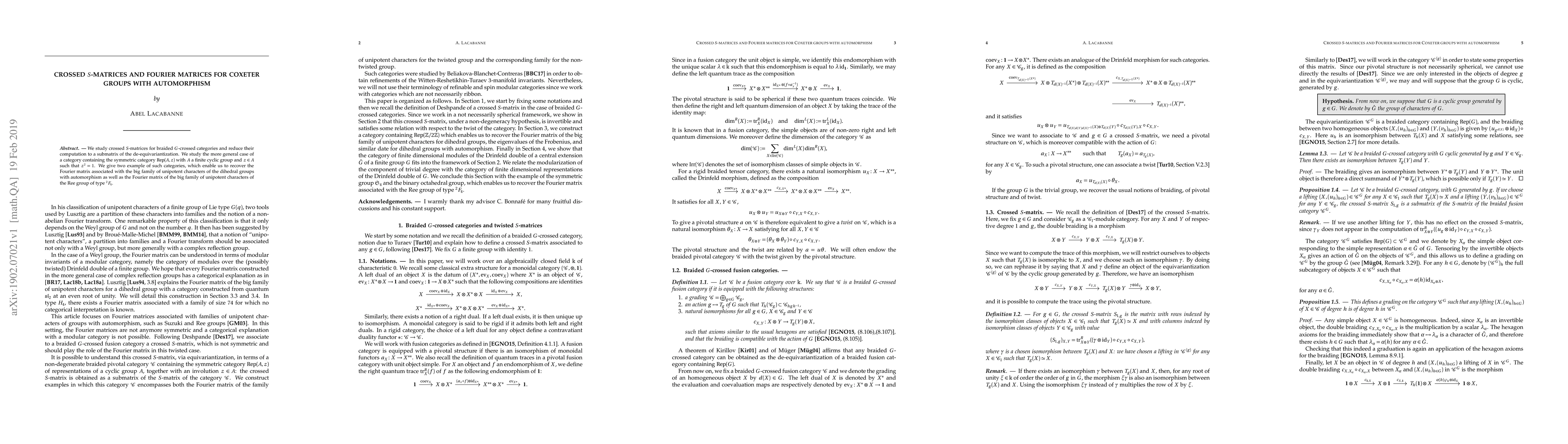 Thumbnail for Crossed $S$-matrices and Fourier matrices for Coxeter groups with
  automorphism