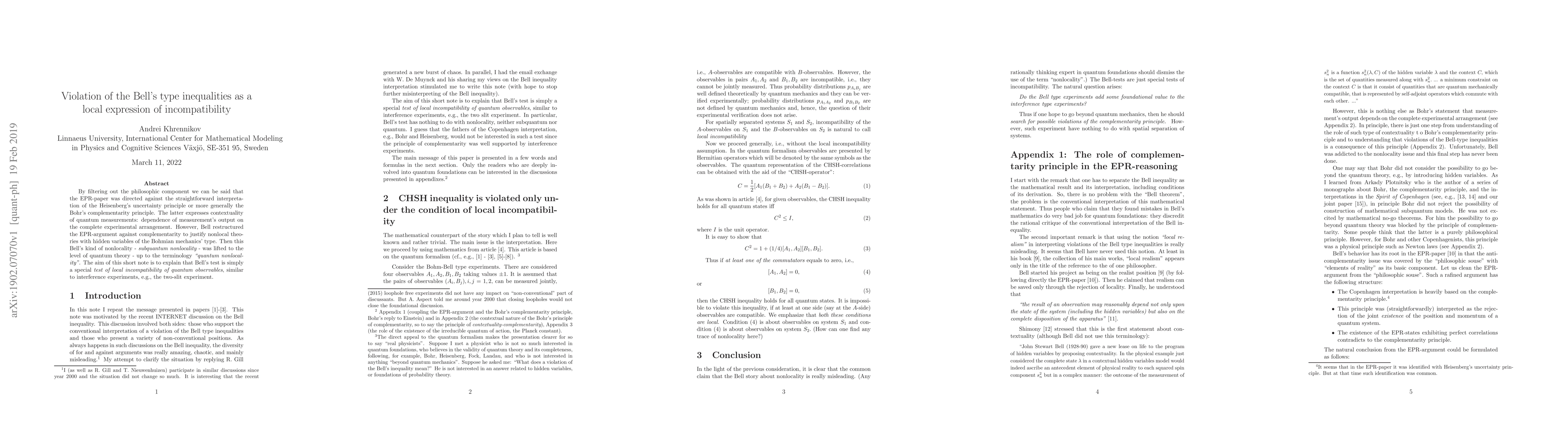 Thumbnail for Violation of the Bell's type inequalities as a local expression of
  incompatibility
