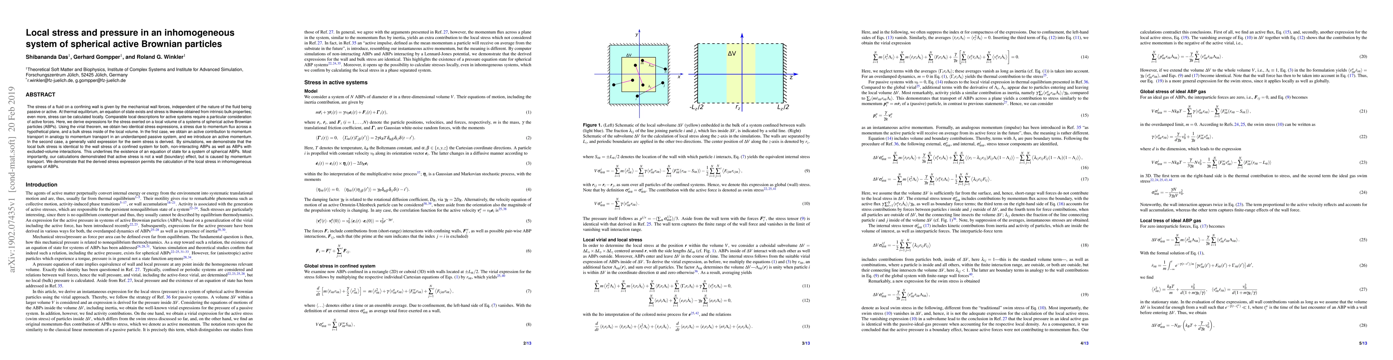 Thumbnail for Local stress and pressure in an inhomogeneous system of spherical active
  Brownian particles
