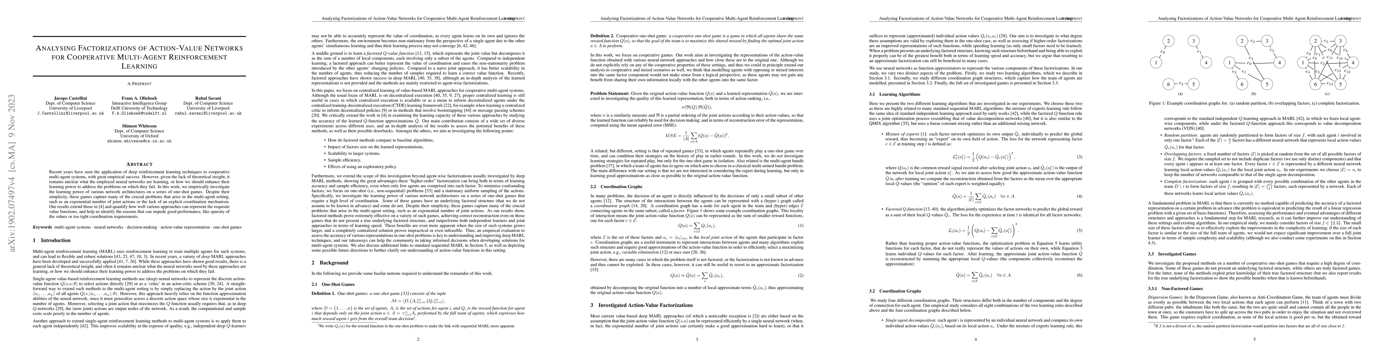 Thumbnail for Analysing Factorizations of Action-Value Networks for Cooperative
  Multi-Agent Reinforcement Learning