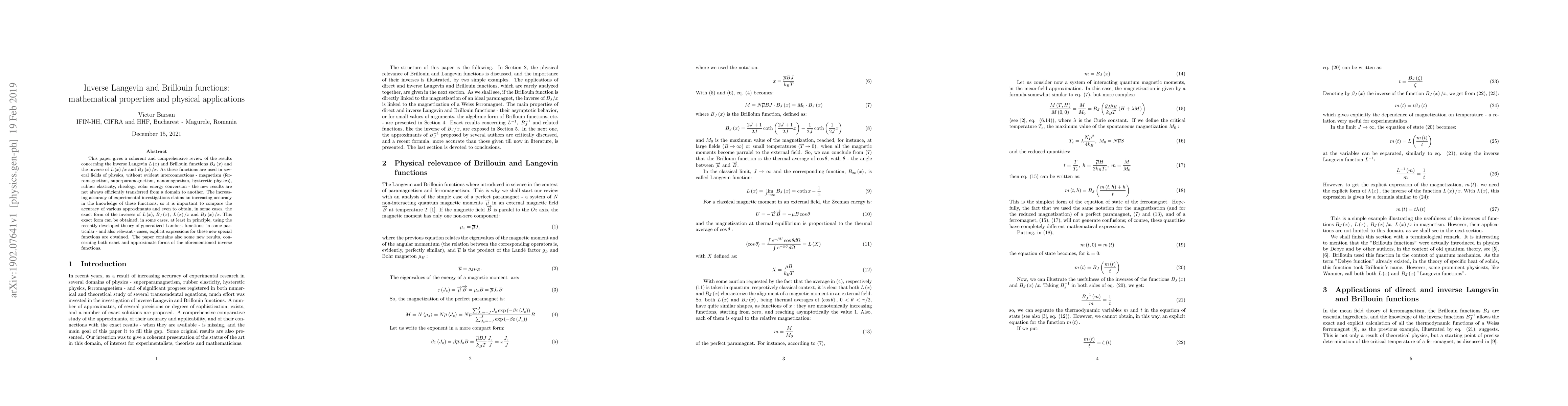 Thumbnail for Inverse Langevin and Brillouin functions: mathematical properties and
  physical applications
