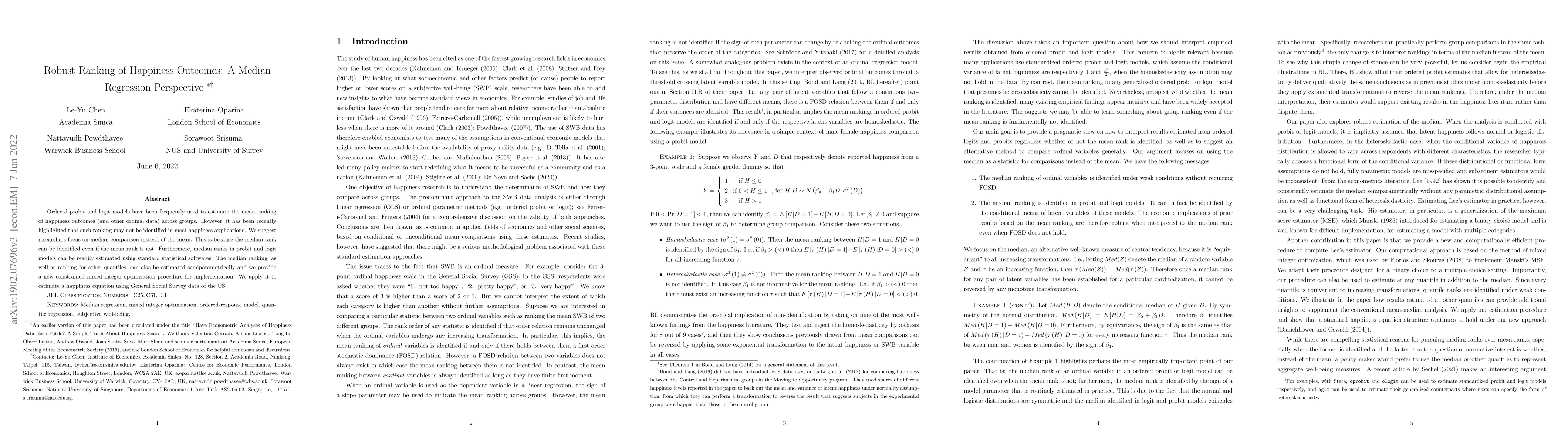 Thumbnail for Robust Ranking of Happiness Outcomes: A Median Regression Perspective