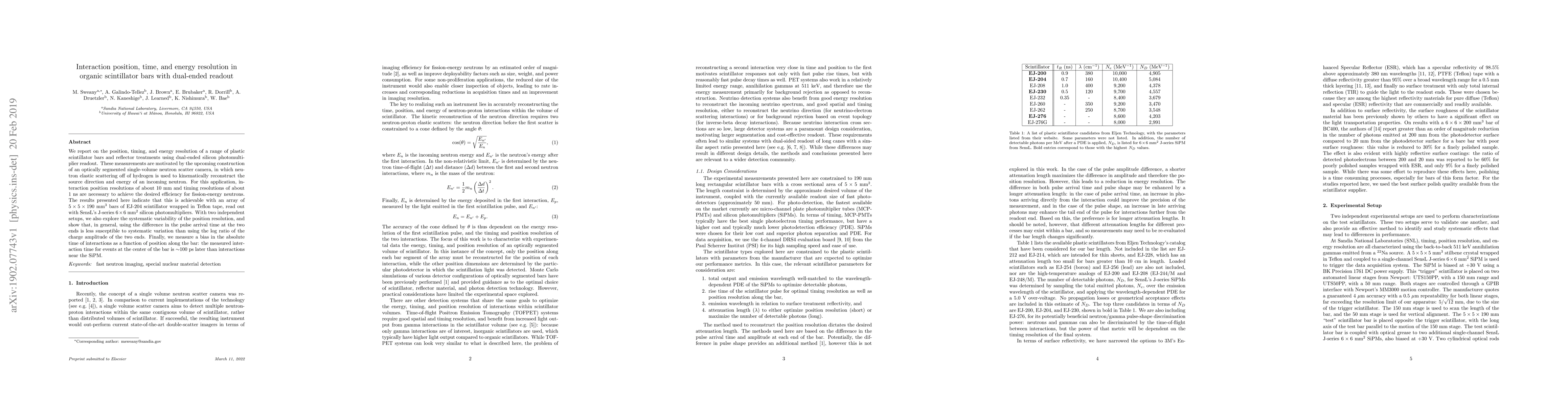 Thumbnail for Interaction position, time, and energy resolution in organic
  scintillator bars with dual-ended readout