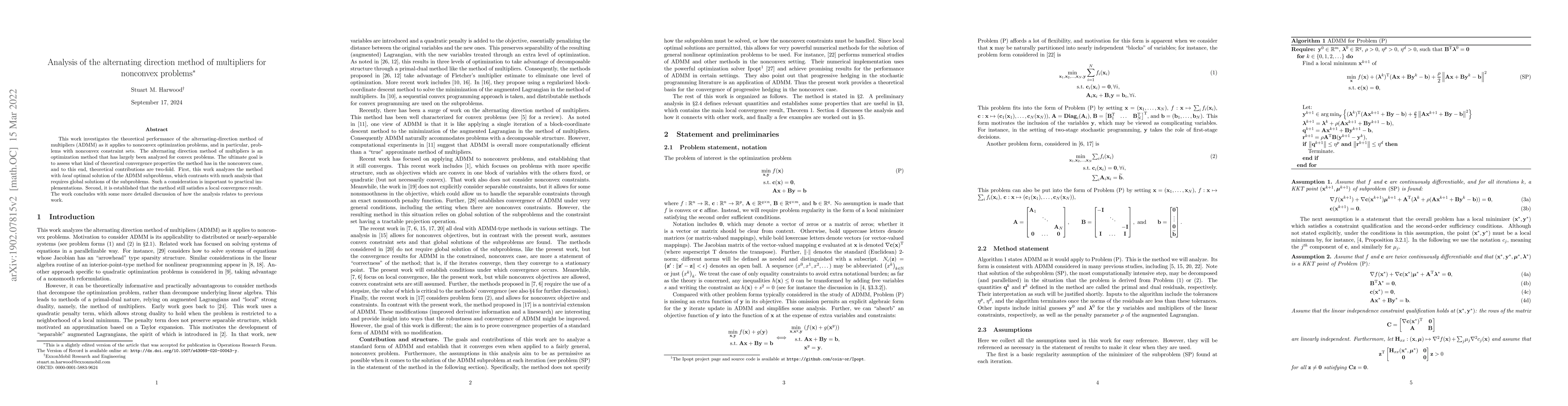 Thumbnail for Analysis of the alternating direction method of multipliers for
  nonconvex problems