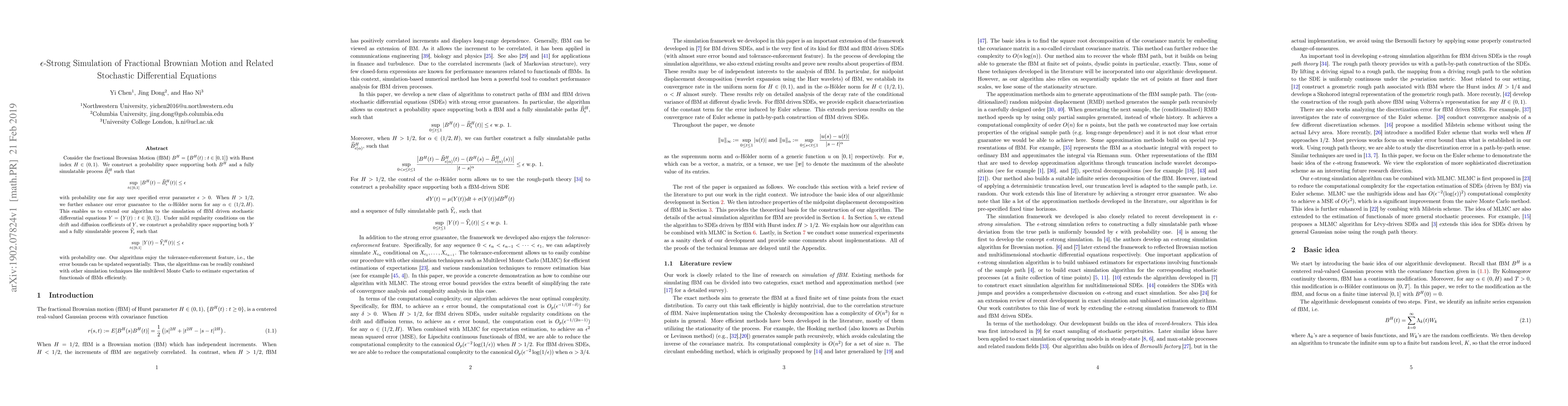 Thumbnail for $\epsilon$-Strong Simulation of Fractional Brownian Motion and Related
  Stochastic Differential Equations