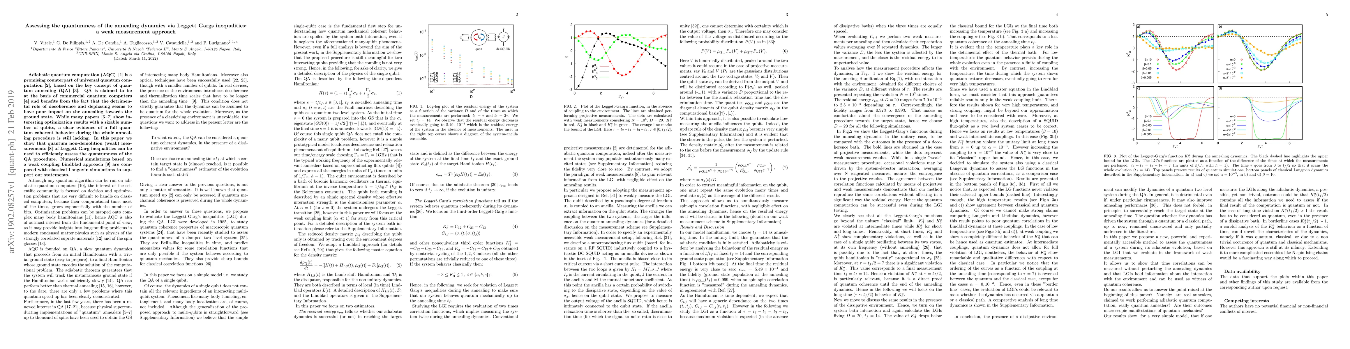 Thumbnail for Assessing the quantumness of the annealing dynamics via Leggett Gargs
  inequalities: a weak measurement approach