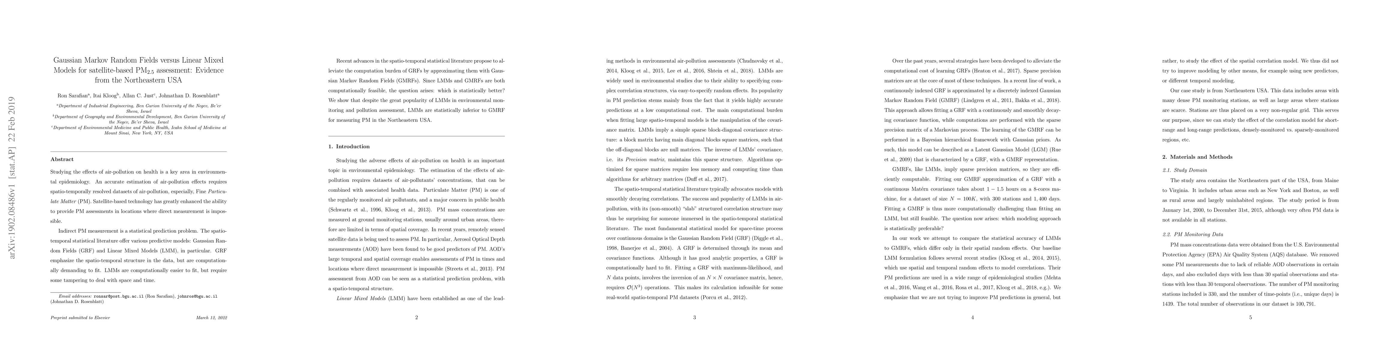 Thumbnail for Gaussian Markov Random Fields versus Linear Mixed Models for
  satellite-based PM2.5 assessment: Evidence from the Northeastern USA