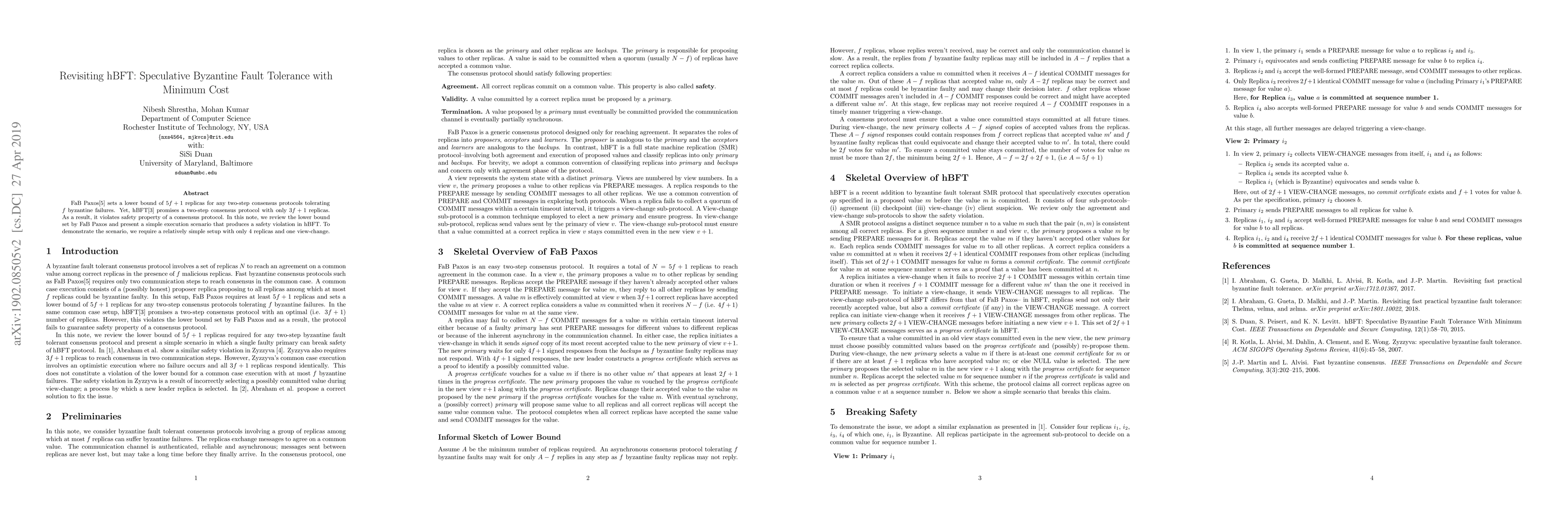 Thumbnail for Revisiting hBFT: Speculative Byzantine Fault Tolerance with Minimum Cost