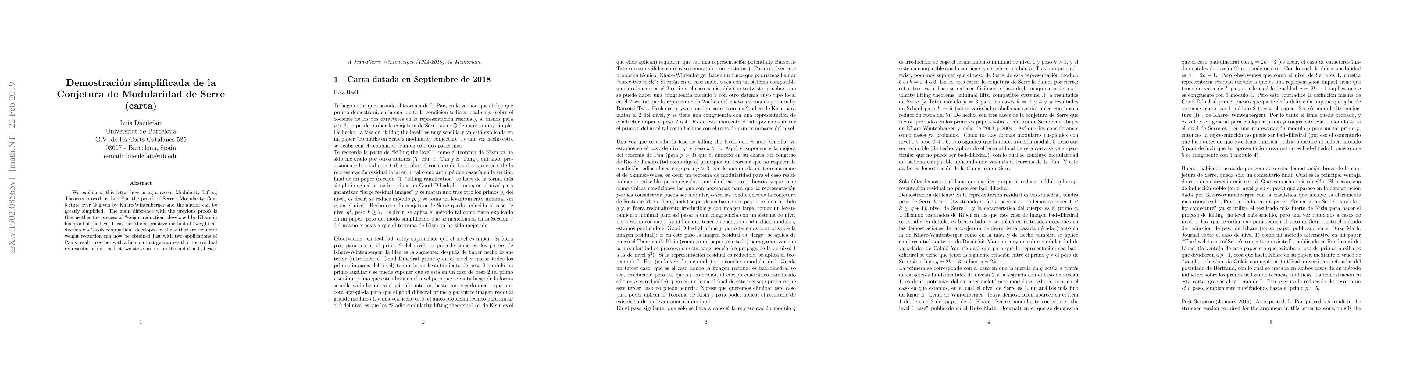 Thumbnail for Demostraci\'on simplificada de la Conjetura de Modularidad de Serre
  (carta)