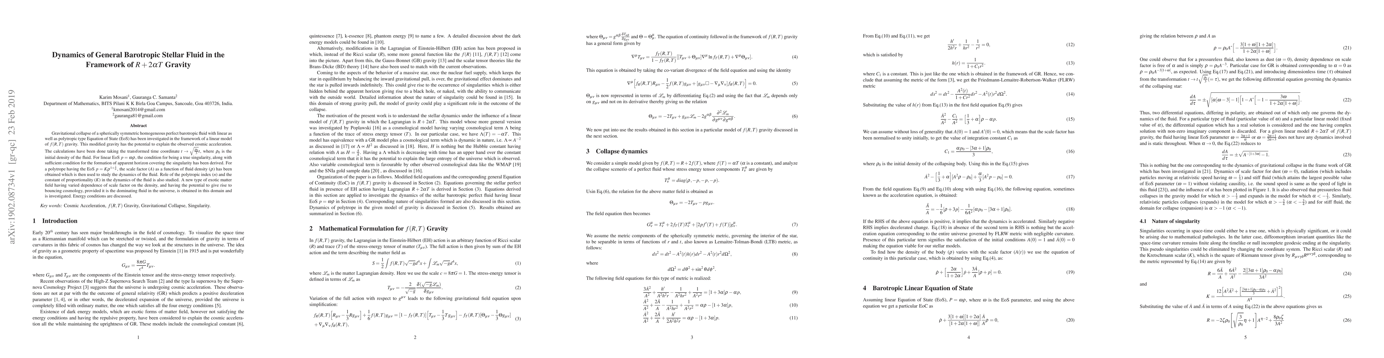 Thumbnail for Dynamics of General Barotropic Stellar Fluid in the Framework of
  $R+2\alpha T$ Gravity