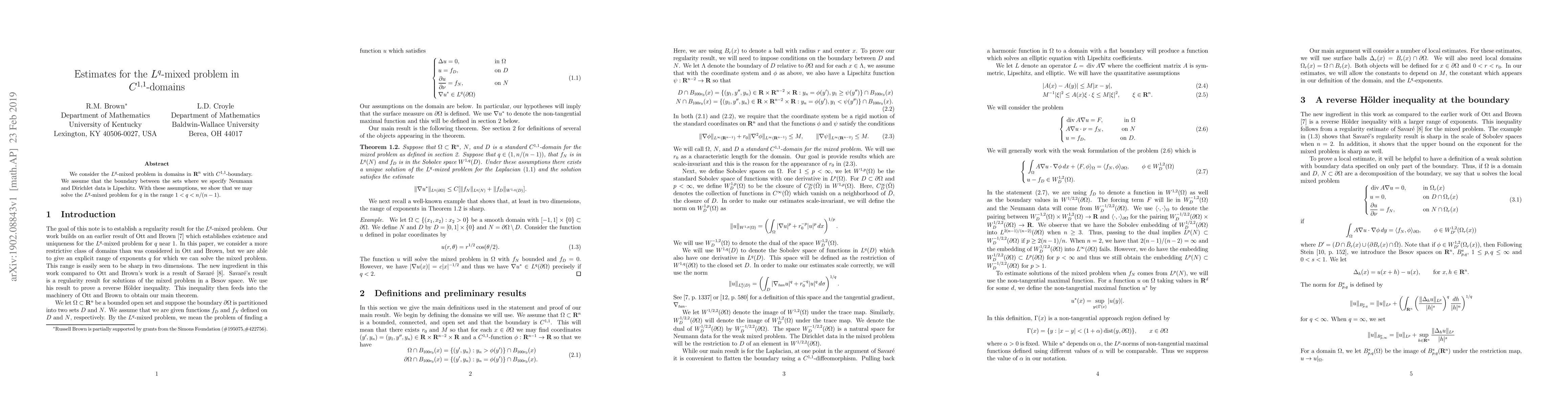 Thumbnail for Estimates for the $L^q$-mixed problem in $C^{1,1}$-domains