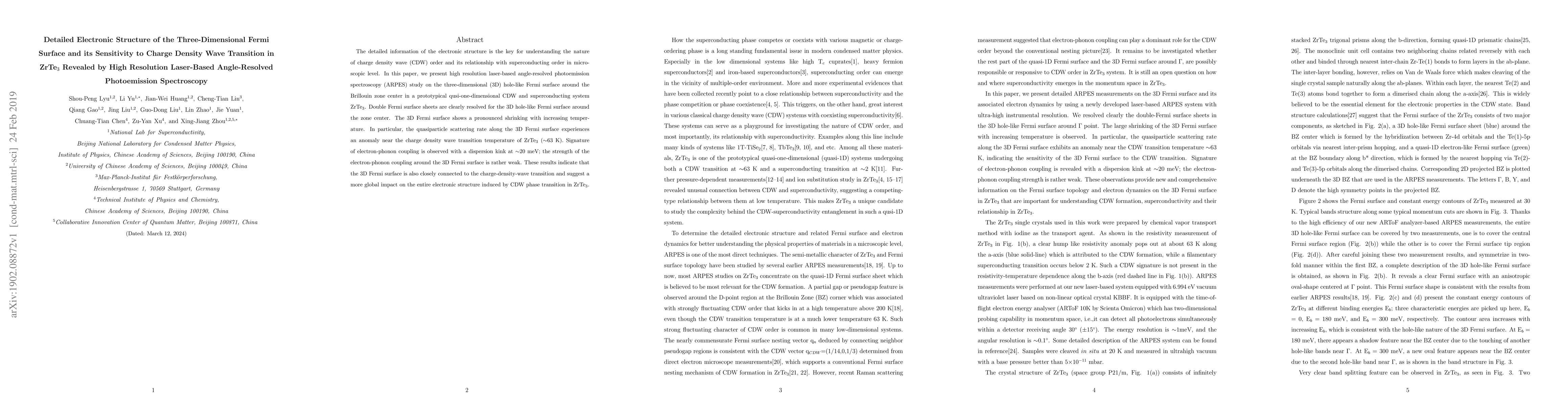 Thumbnail for Detailed Electronic Structure of the Three-Dimensional Fermi Surface and
  its Sensitivity to Charge Density Wave Transition in ZrTe3 Revealed by High
  Resolution Laser-Based Angle-Resolved Photoemission Spectroscopy