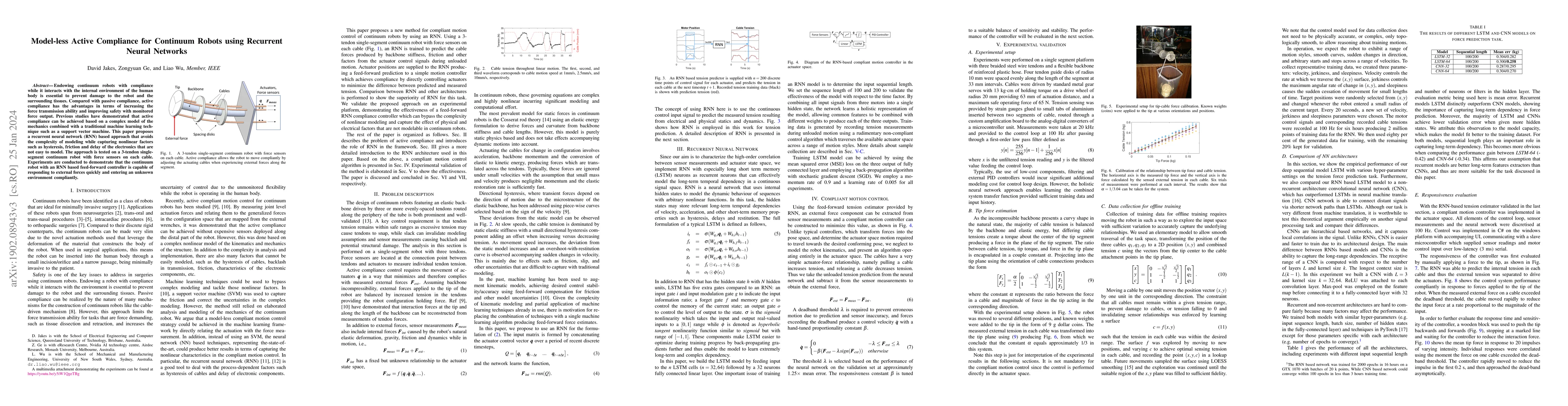 Thumbnail for Model-less Active Compliance for Continuum Robots using Recurrent Neural
  Networks