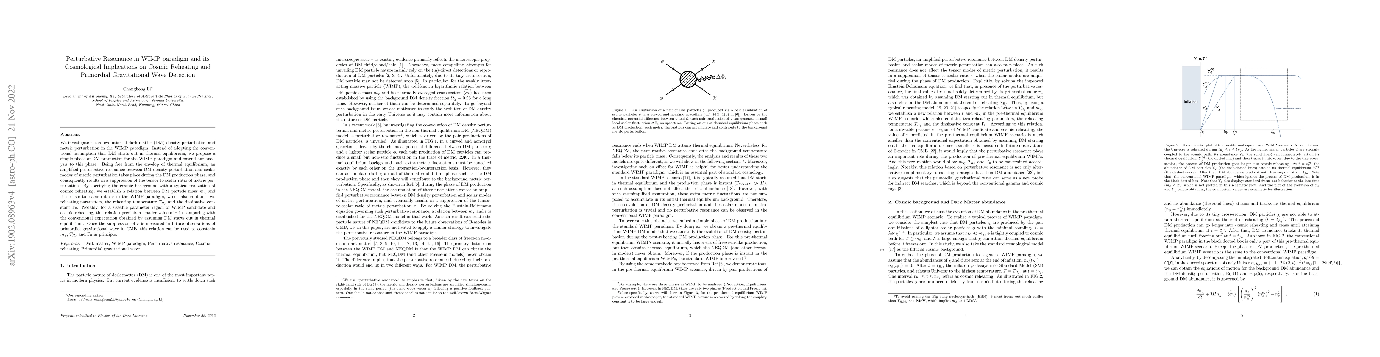 Thumbnail for Perturbative Resonance in WIMP paradigm and its Cosmological
  Implications on Cosmic Reheating and Primordial Gravitational Wave Detection
