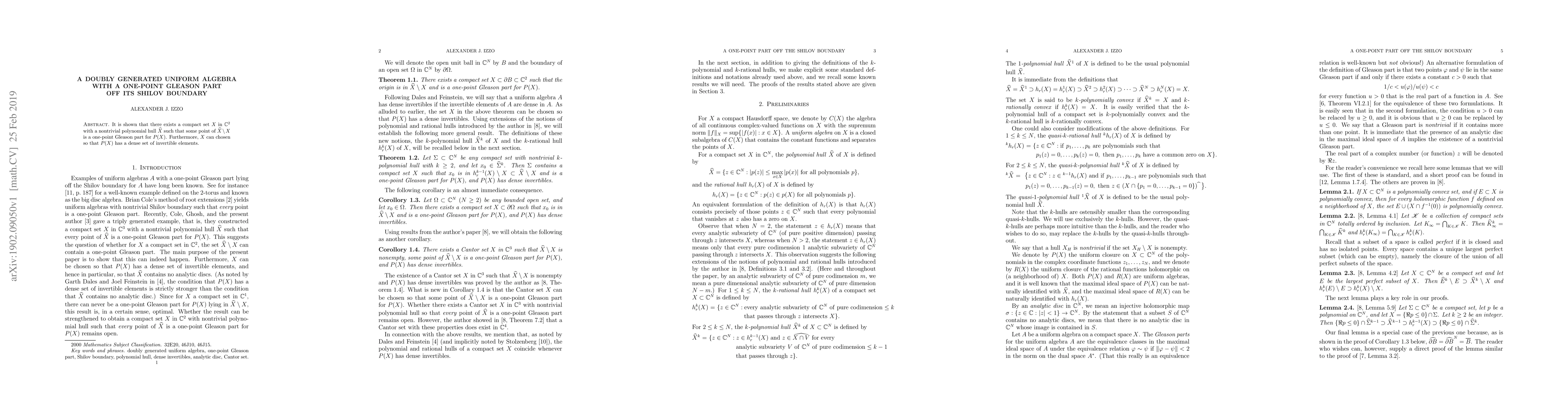 Thumbnail for A doubly generated uniform algebra with a one-point Gleason part off its
  Shilov boundary