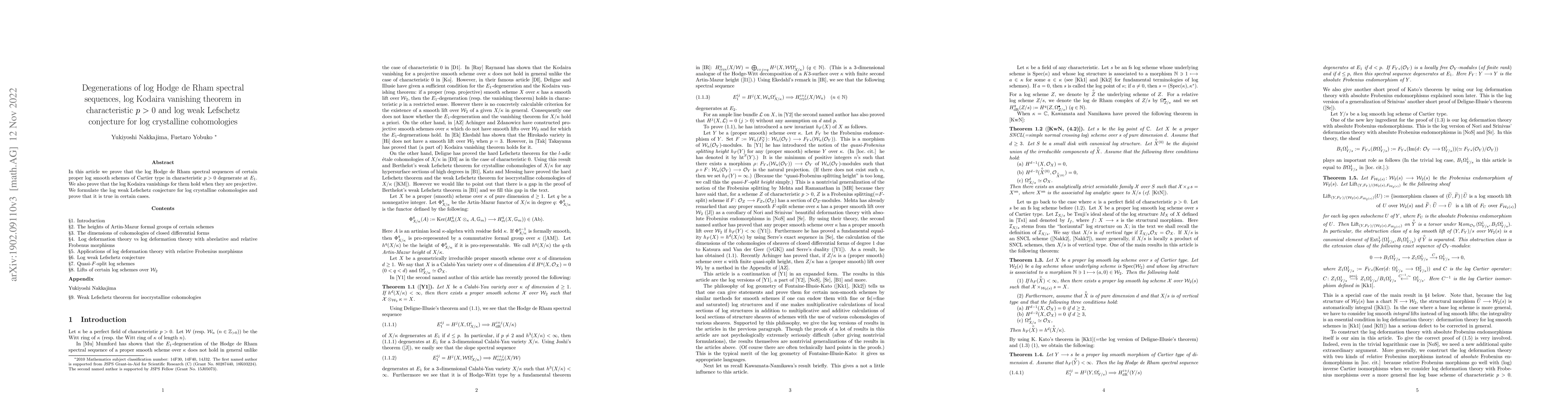 Thumbnail for Degenerations of log Hodge de Rham spectral sequences, log Kodaira
  vanishing theorem in characteristic $p>0$ and log weak Lefschetz conjecture
  for log crystalline cohomologies