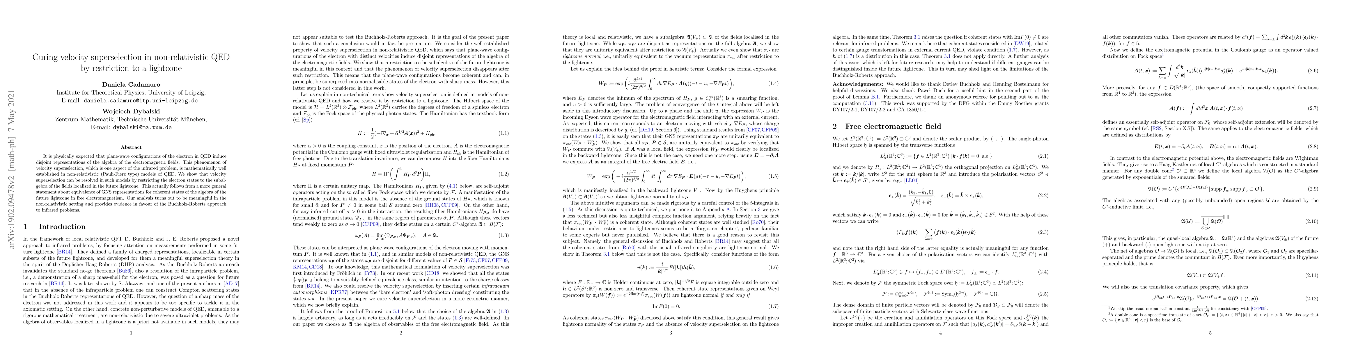 Thumbnail for Curing velocity superselection in non-relativistic QED by restriction to
  a lightcone