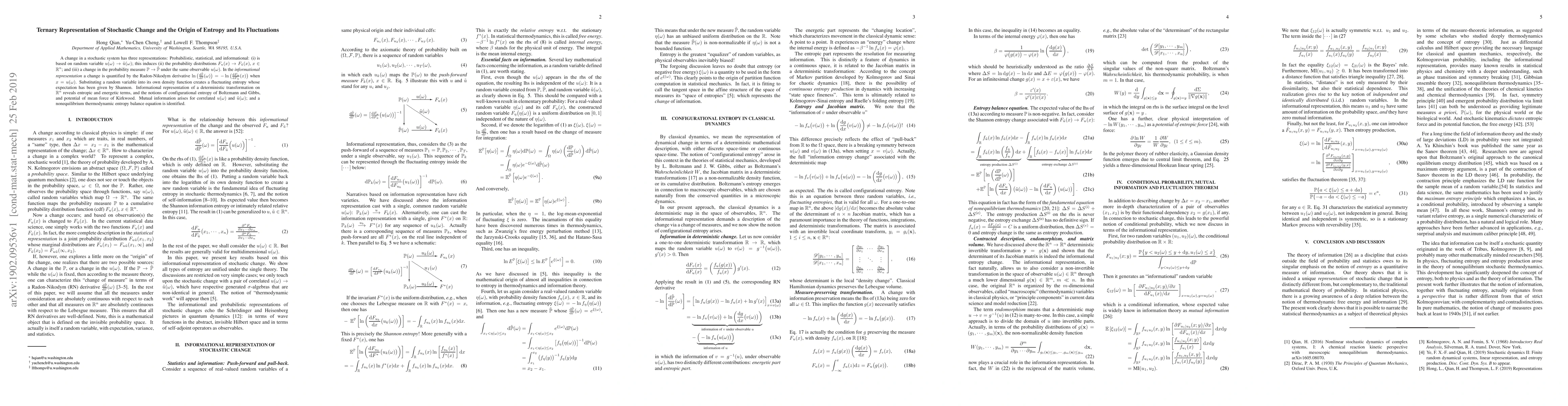 Thumbnail for Ternary Representation of Stochastic Change and the Origin of Entropy
  and Its Fluctuations