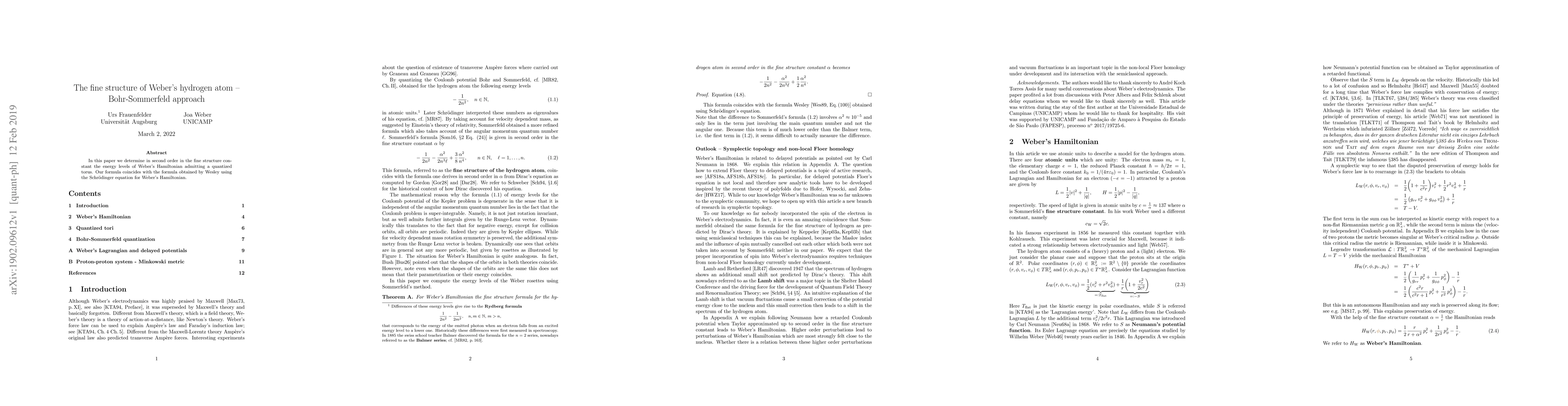 Thumbnail for The fine structure of Weber's hydrogen atom -- Bohr-Sommerfeld approach