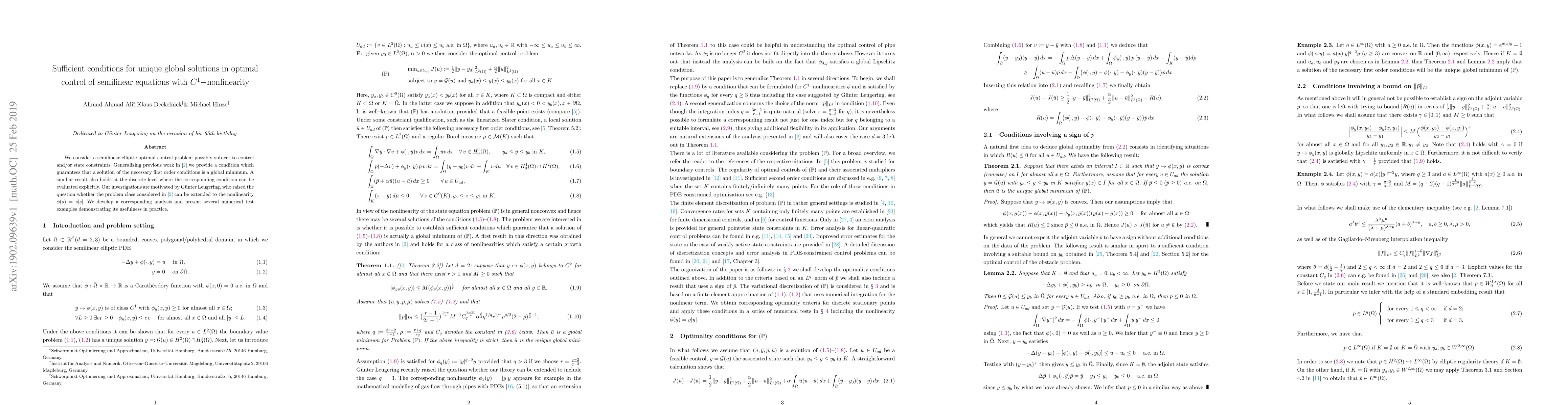 Thumbnail for Sufficient conditions for unique global solutions in optimal control of
  semilinear equations with $C^1-$nonlinearity