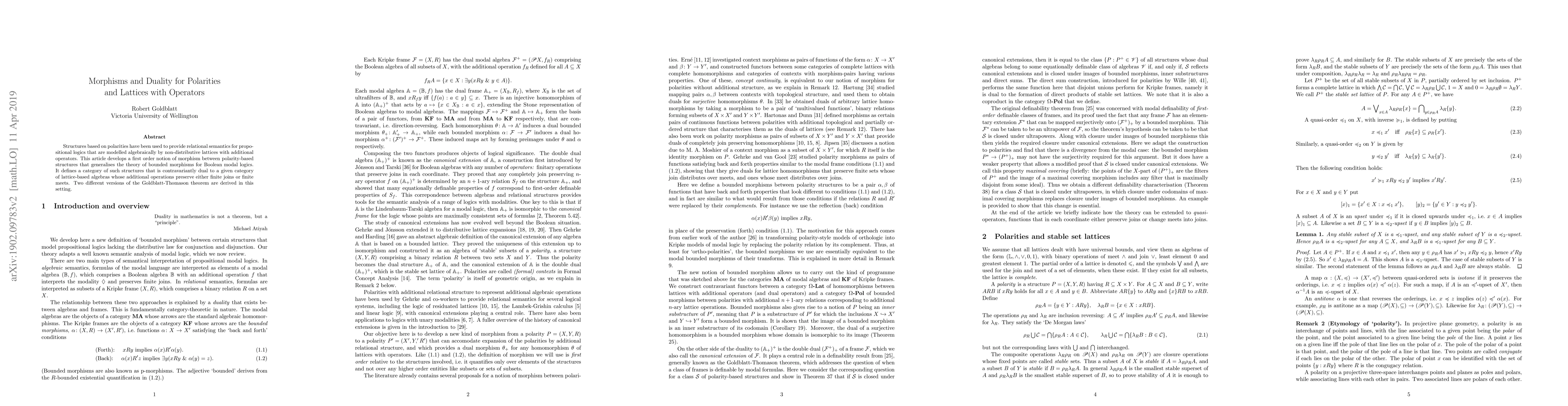 Thumbnail for Morphisms and Duality for Polarities and Lattices with Operators