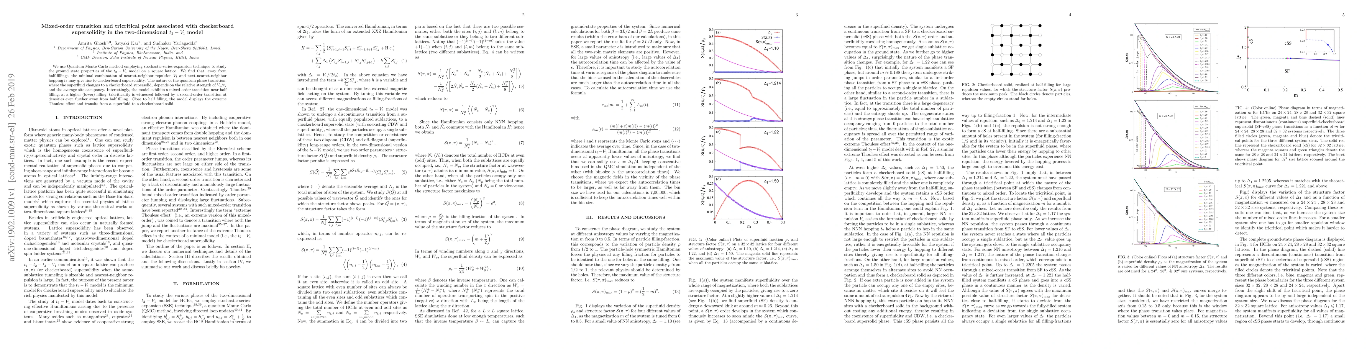 Thumbnail for Mixed-order transition and tricritical point associated with
  checkerboard supersolidity in the two-dimensional $t_2-V_1$ model