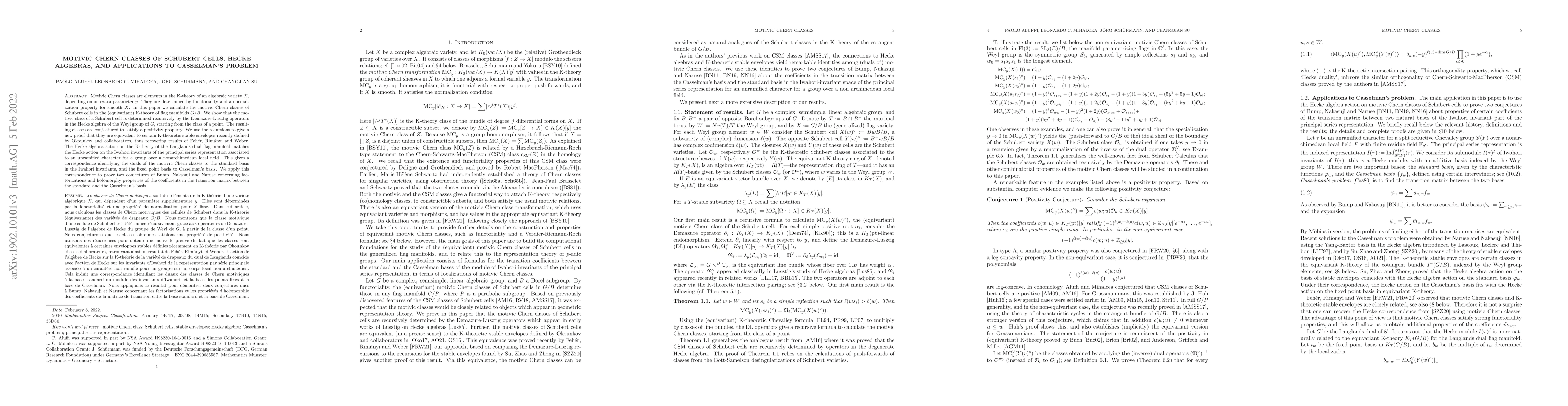 Thumbnail for Motivic Chern classes of Schubert cells, Hecke algebras, and
  applications to Casselman's problem