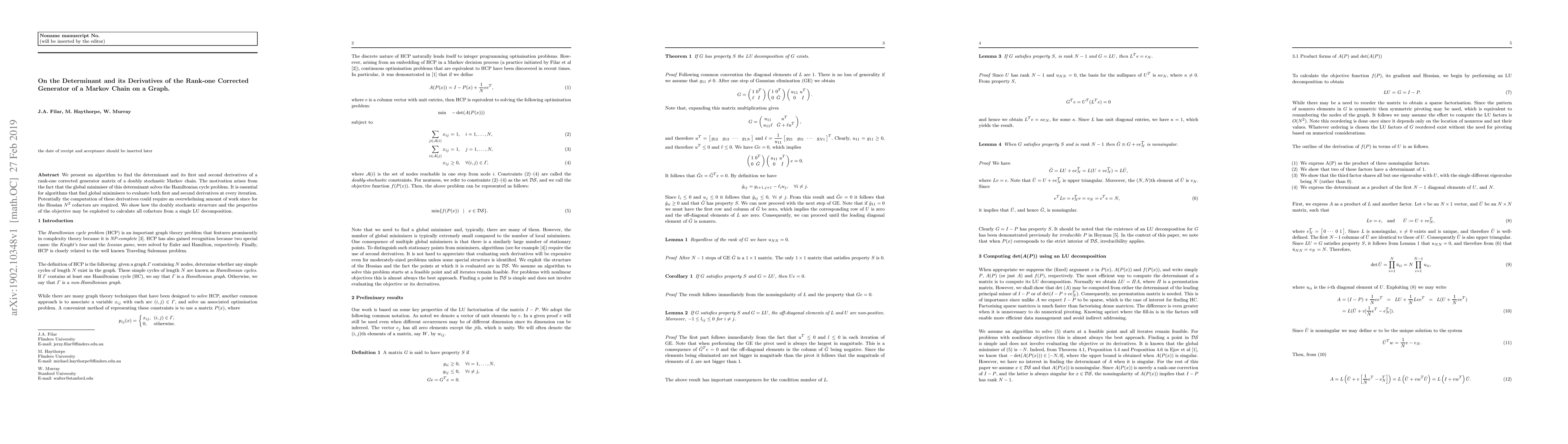 Thumbnail for On the Determinant and its Derivatives of the Rank-one Corrected
  Generator of a Markov Chain on a Graph