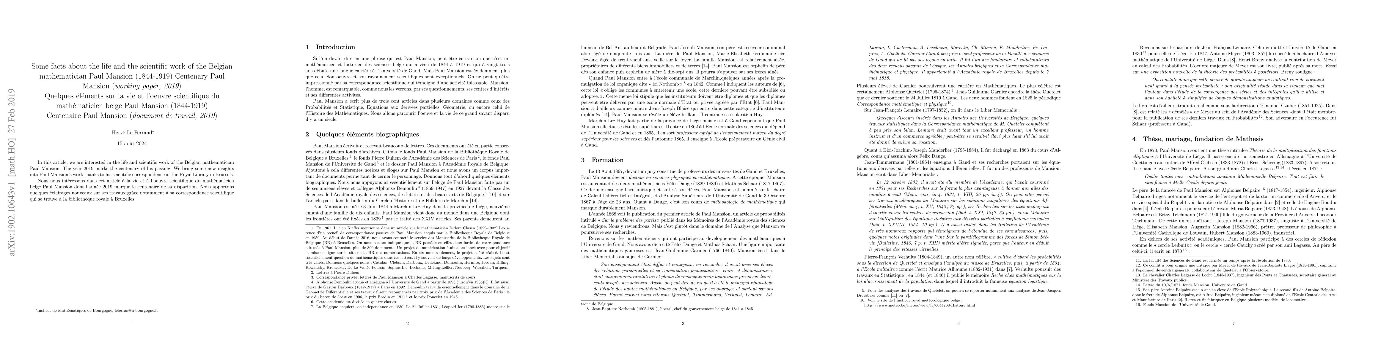 Thumbnail for Some facts about the life and the scientific work of the Belgian
  mathematician Paul Mansion (1844-1919) Centenary Paul Mansion (working paper,
  2019)