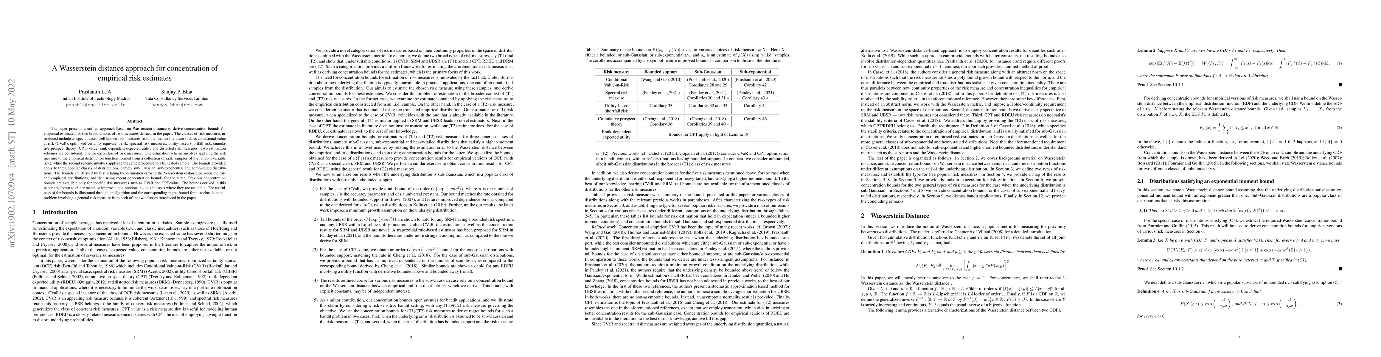 Thumbnail for A Wasserstein distance approach for concentration of empirical risk
  estimates