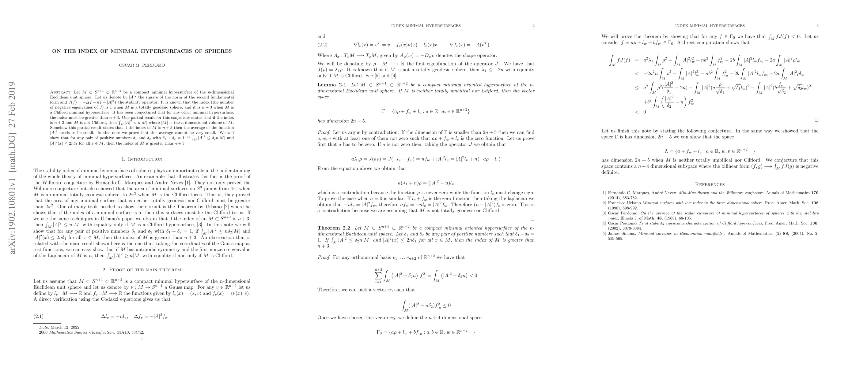 Thumbnail for On the index of minimal hypersurfaces of spheres