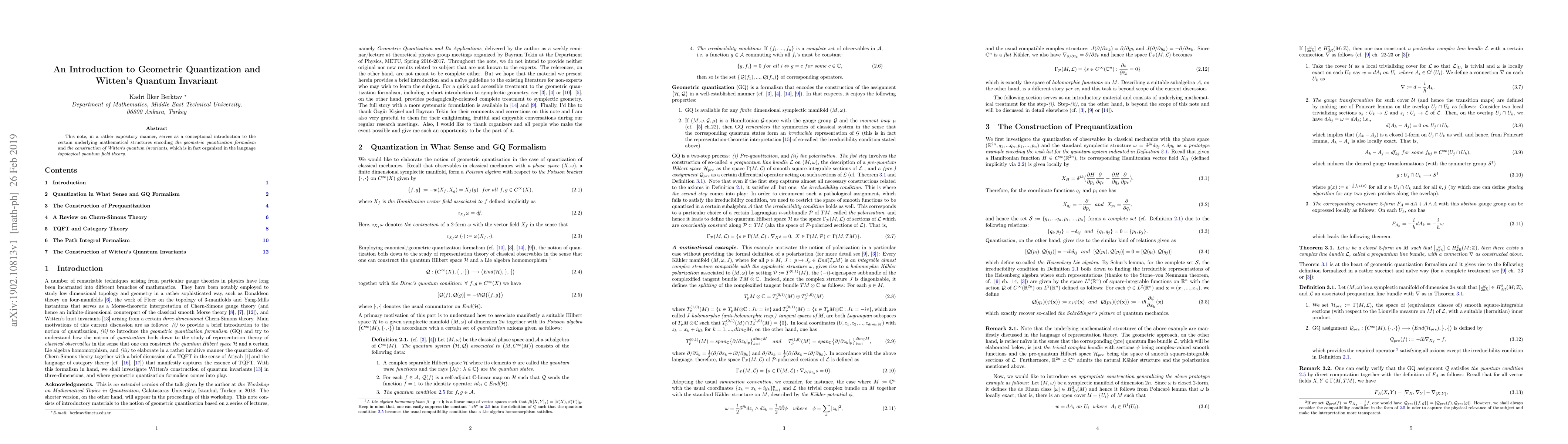 Thumbnail for An Introduction to Geometric Quantization and Witten's Quantum Invariant