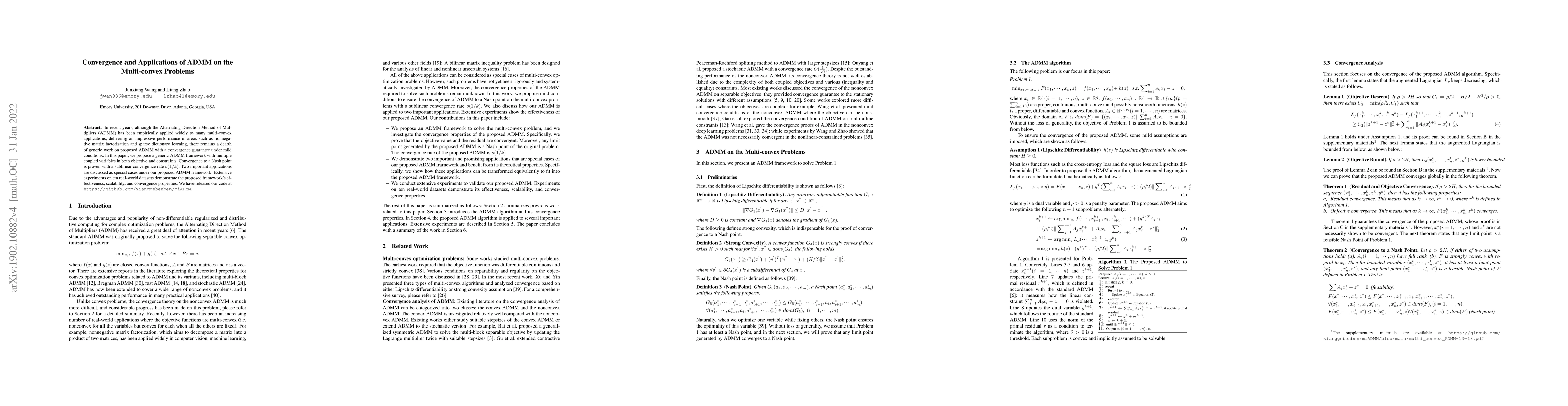 Thumbnail for Convergence and Applications of ADMM on the Multi-convex Problems