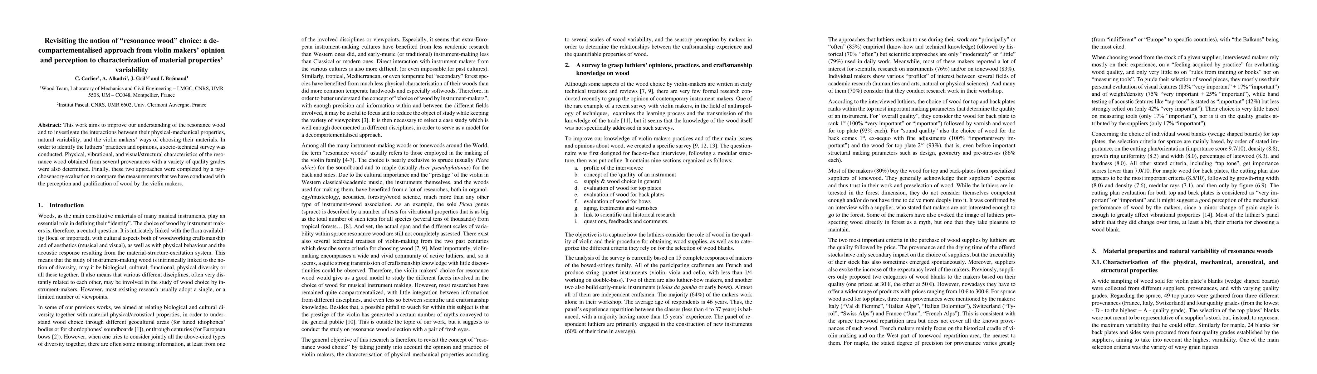 Thumbnail for Revisiting the notion of "resonance wood" choice: a decompartementalised
  approach from violin makers' opinion and perception to characterization of
  material properties' variability
