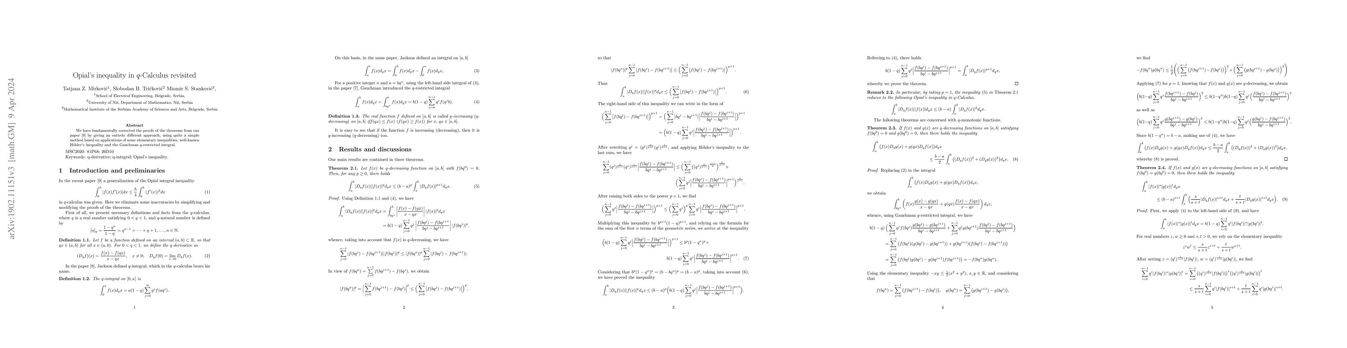 Thumbnail for Opial's inequality in $q$-Calculus revisited