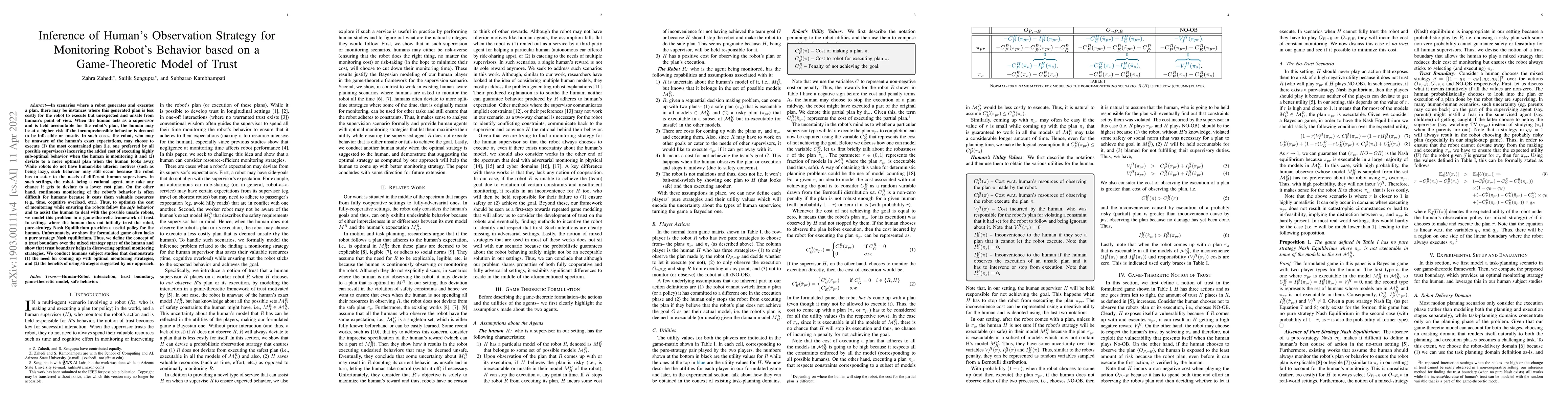 Thumbnail for Inference of Human's Observation Strategy for Monitoring Robot's
  Behavior based on a Game-Theoretic Model of Trust
