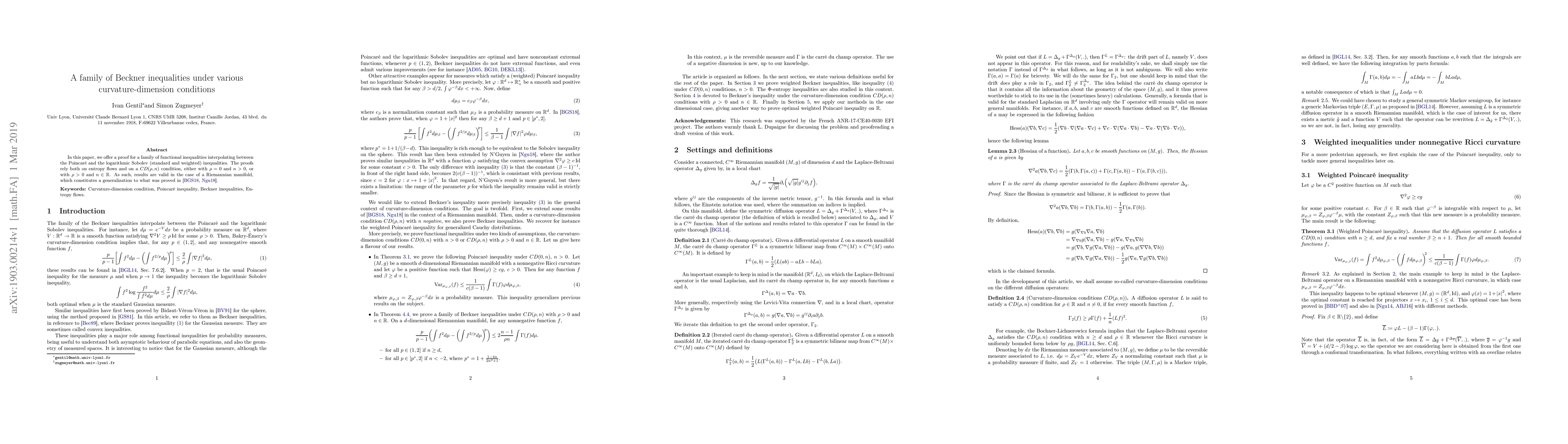 Thumbnail for A family of Beckner inequalities under various curvature-dimension
  conditions