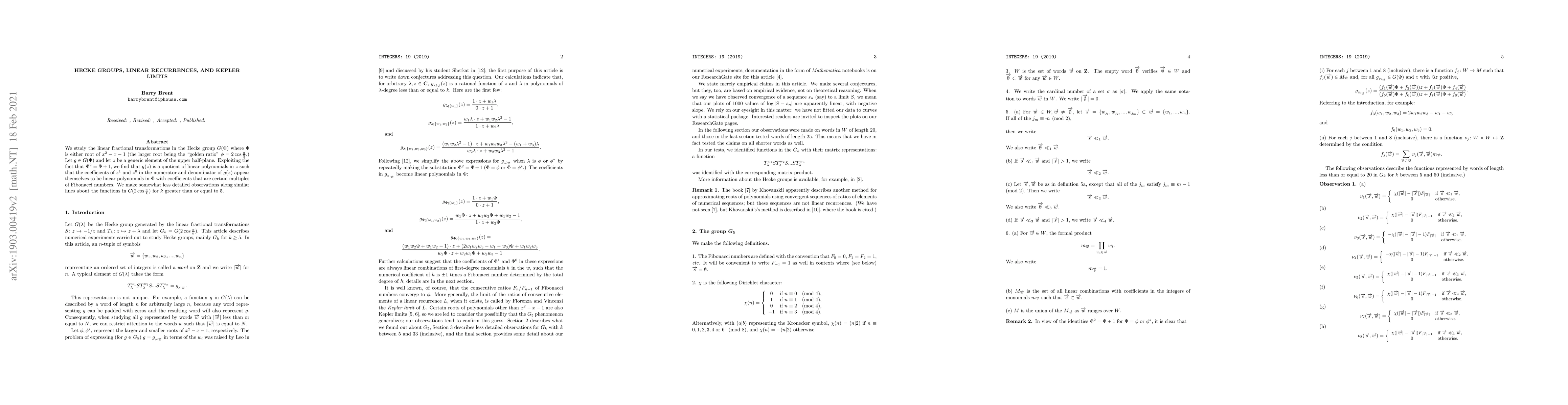 Thumbnail for Hecke groups, linear recurrences, and Kepler limits