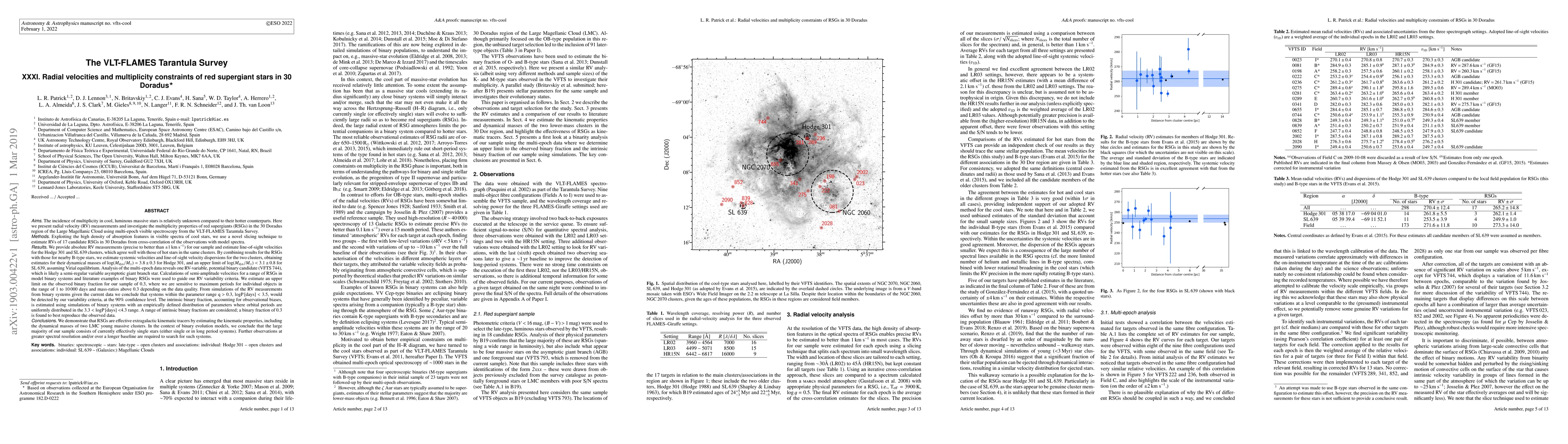 Thumbnail for The VLT-FLAMES Tarantula Survey: XXXI. Radial velocities and
  multiplicity constraints of red supergiant stars in 30 Doradus