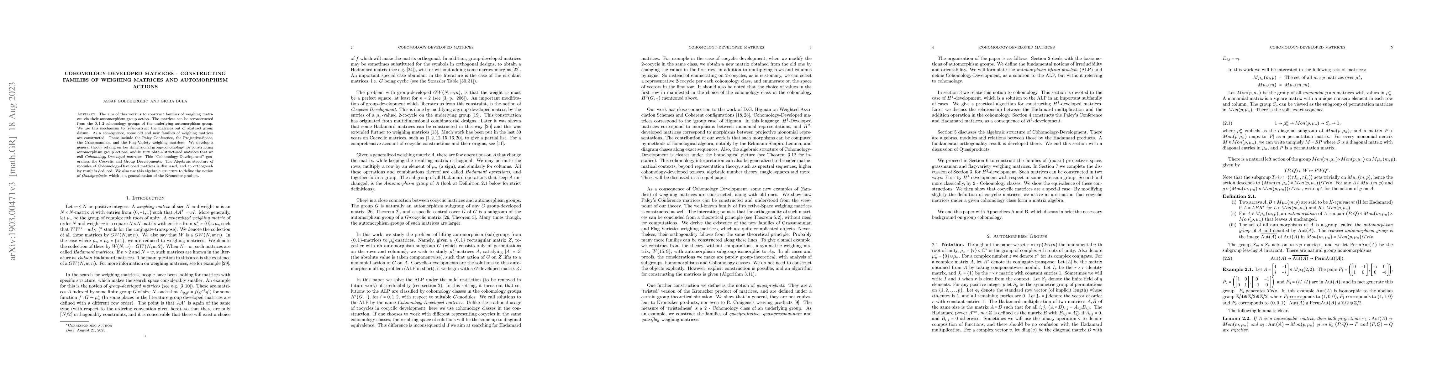 Thumbnail for Cohomology-Developed Matrices -- constructing families of weighing
  matrices and automorphism actions