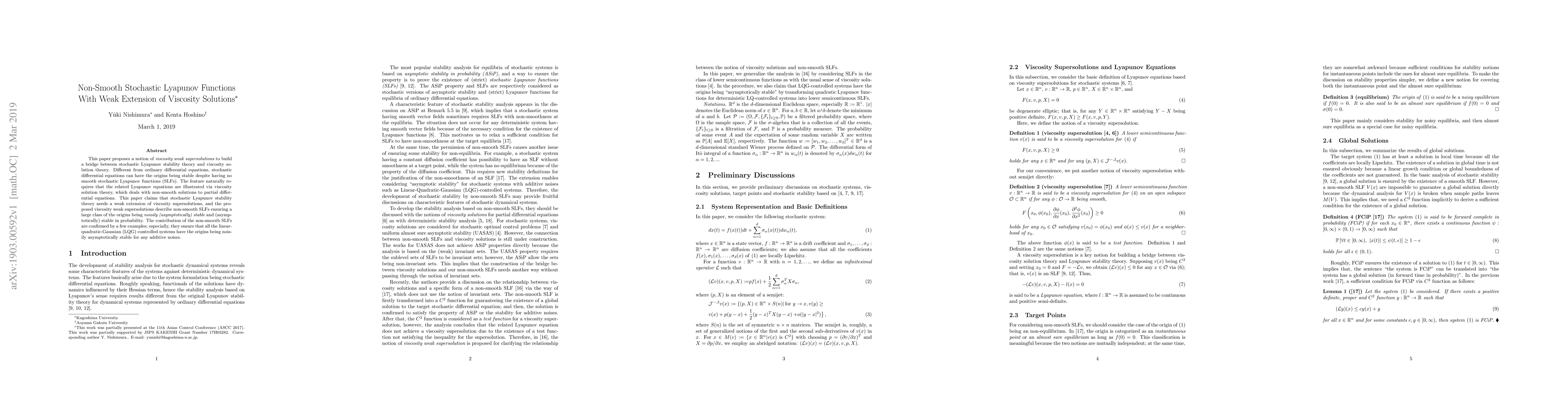 Thumbnail for Non-Smooth Stochastic Lyapunov Functions With Weak Extension of
  Viscosity Solutions