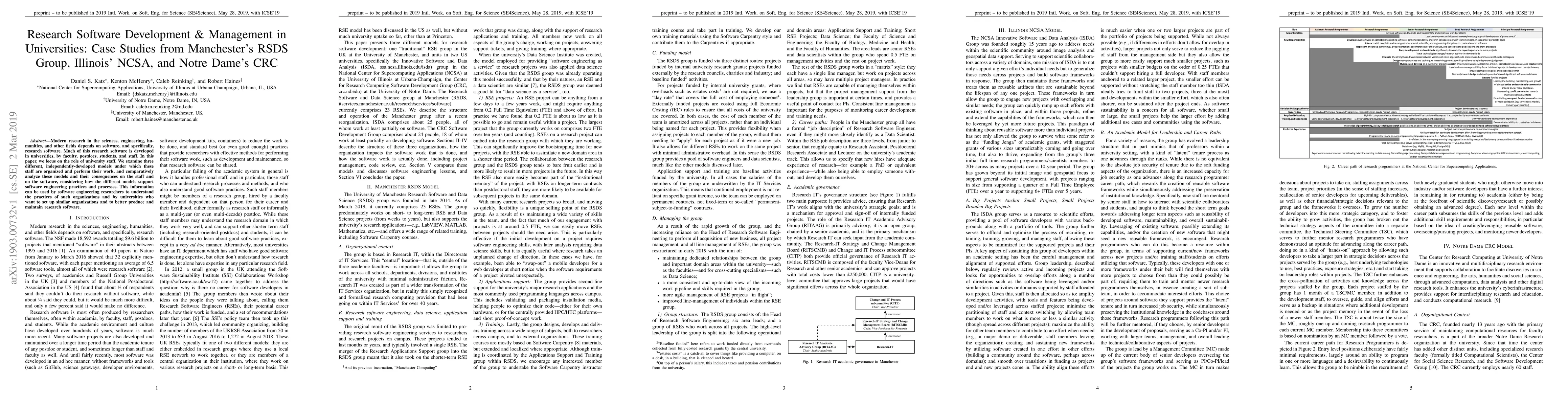 Thumbnail for Research Software Development & Management in Universities: Case Studies
  from Manchester's RSDS Group, Illinois' NCSA, and Notre Dame's CRC