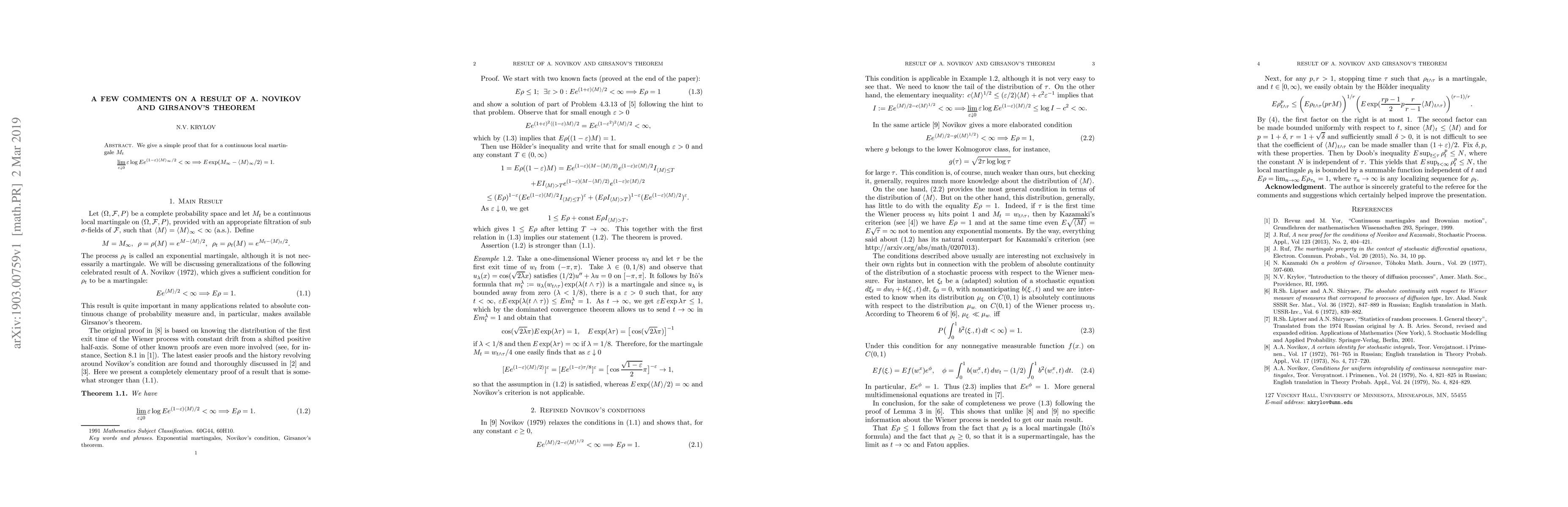 Thumbnail for A few comments on a result of A. Novikov and Girsanov's theorem