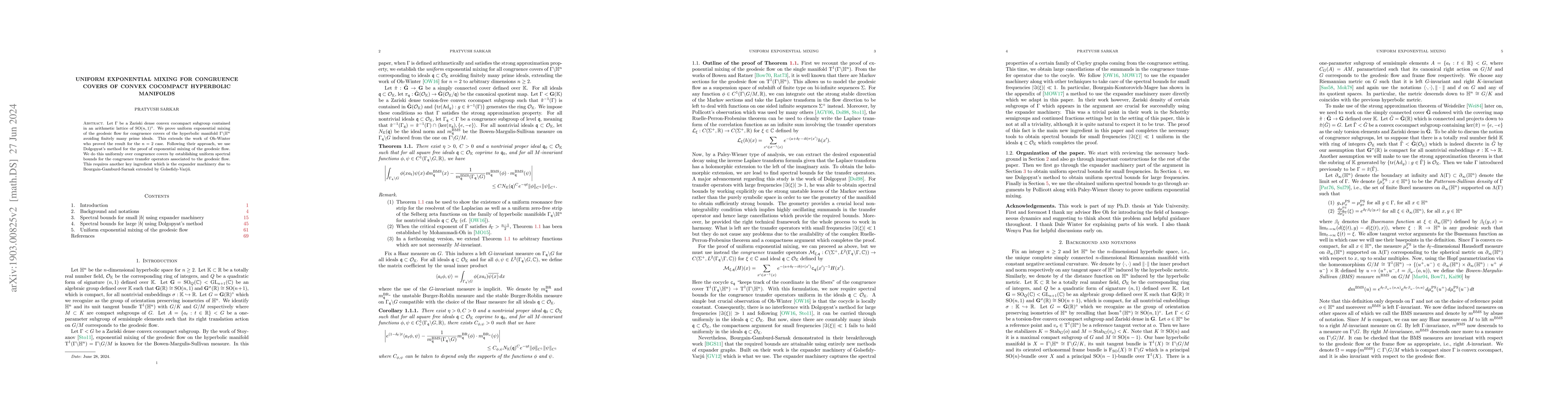 Thumbnail for Uniform exponential mixing for congruence covers of convex cocompact
  hyperbolic manifolds